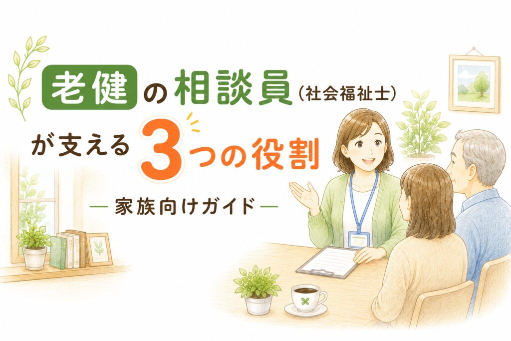 老健の相談員（社会福祉士）が家族に3つの役割を説明しているイラスト｜家族向けガイド
