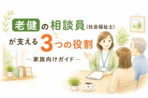 老健の相談員（社会福祉士）が家族に3つの役割を説明しているイラスト｜家族向けガイド