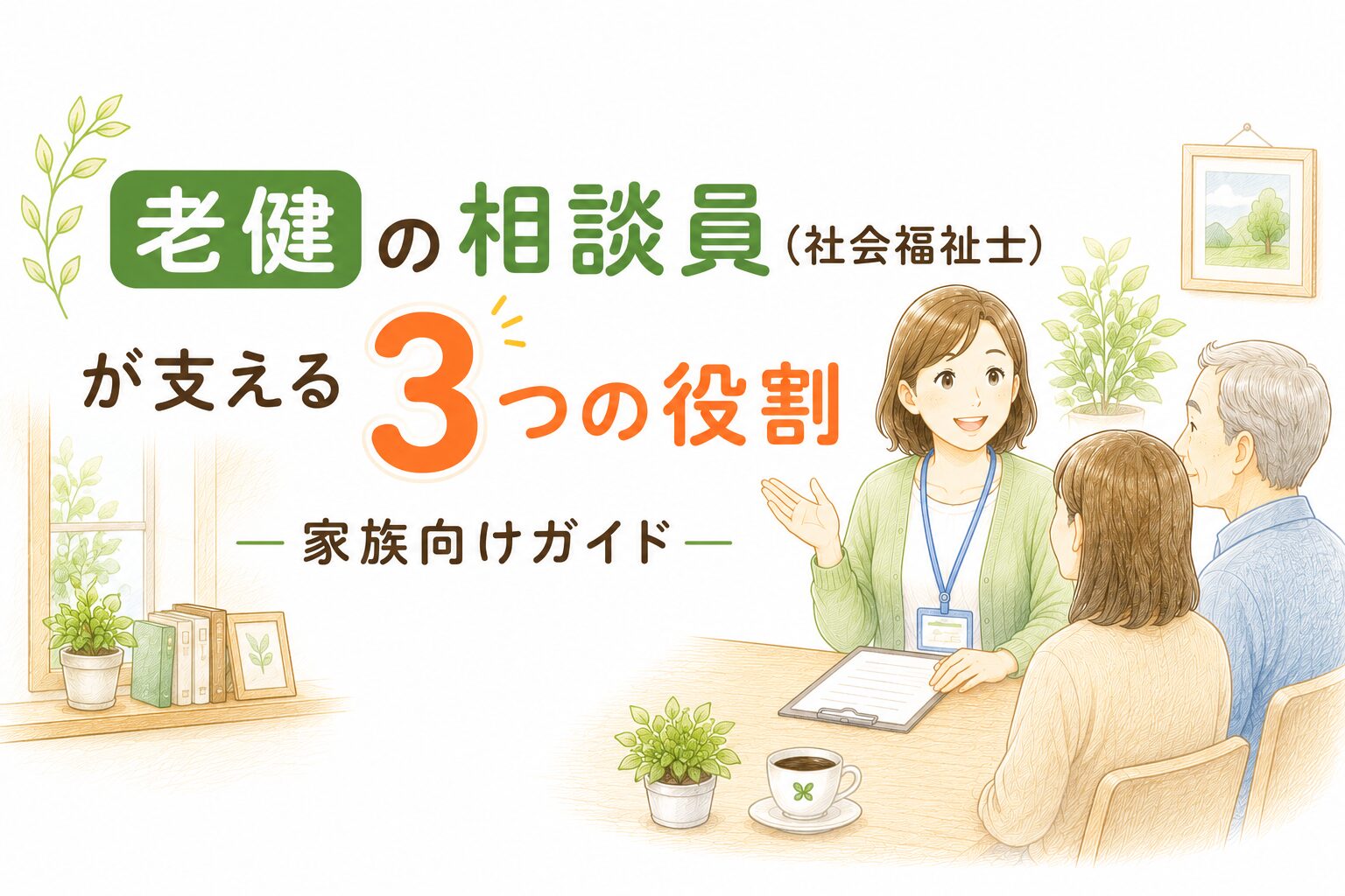 老健の相談員（社会福祉士）が家族に3つの役割を説明しているイラスト｜家族向けガイド