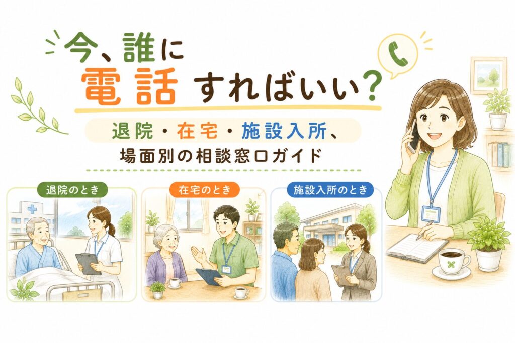 退院・在宅・施設入所など場面別に相談すべき窓口を案内する相談員のイラスト