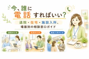 退院・在宅・施設入所など場面別に相談すべき窓口を案内する相談員のイラスト