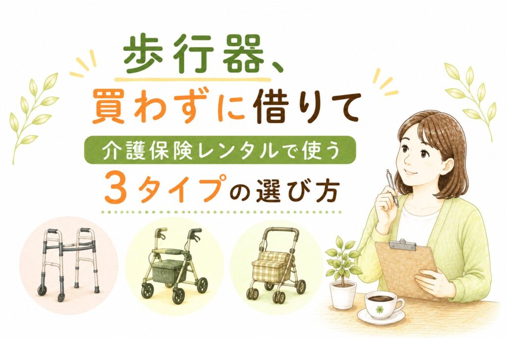 介護保険でレンタルできる歩行器3タイプの選び方を解説するイラスト