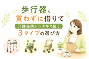 介護保険でレンタルできる歩行器3タイプの選び方を解説するイラスト