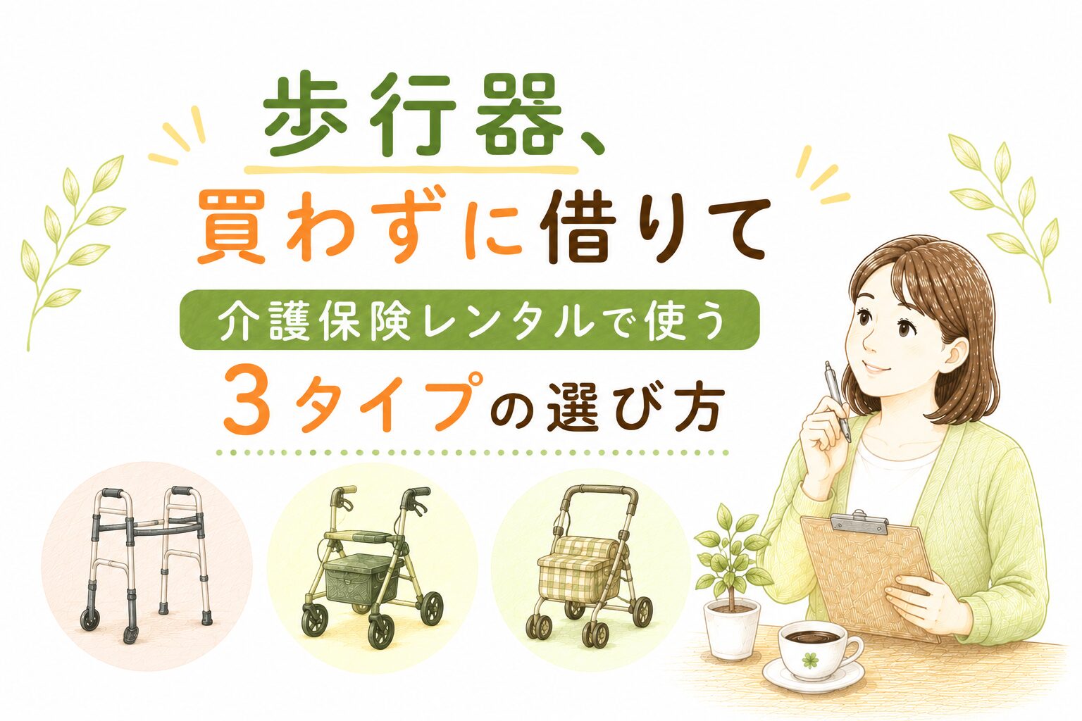 介護保険でレンタルできる歩行器3タイプの選び方を解説するイラスト
