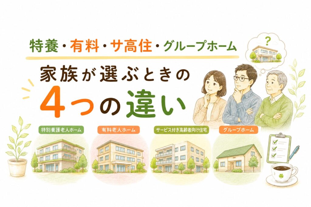 特養・有料老人ホーム・サ高住・グループホームの4つの違いを比較して解説するイラスト