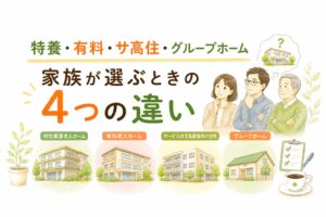 特養・有料老人ホーム・サ高住・グループホームの4つの違いを比較して解説するイラスト