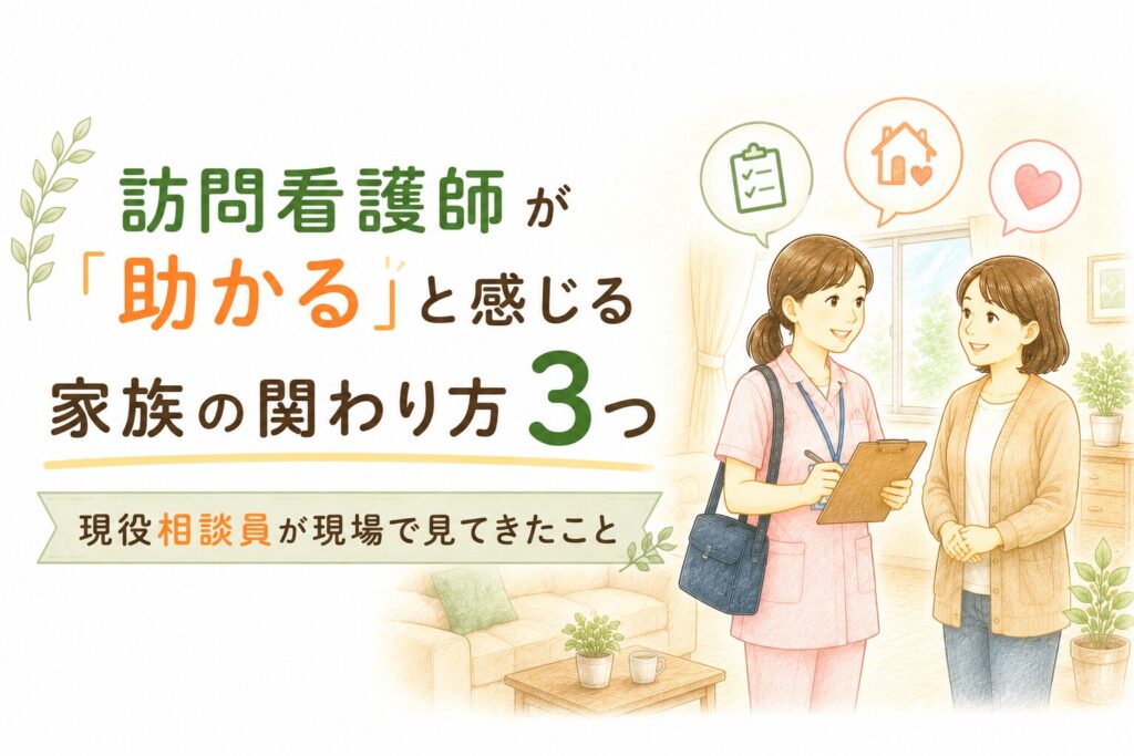 訪問看護師が「助かる」と感じる家族の関わり方3つを解説するイラスト