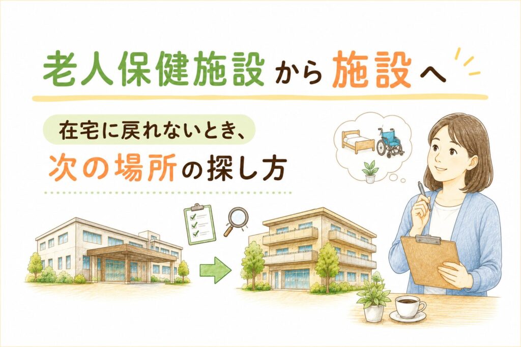 老健から次の施設（特養・有料老人ホーム）への移行の流れを示した図