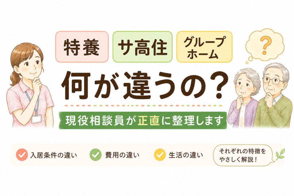特養・サ高住・グループホームの違い（対象者・費用・入居条件）を比較したインフォグラフィック