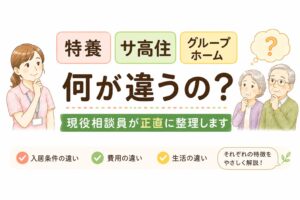 特養・サ高住・グループホームの違い(対象者・費用・入居条件)を比較したインフォグラフィック