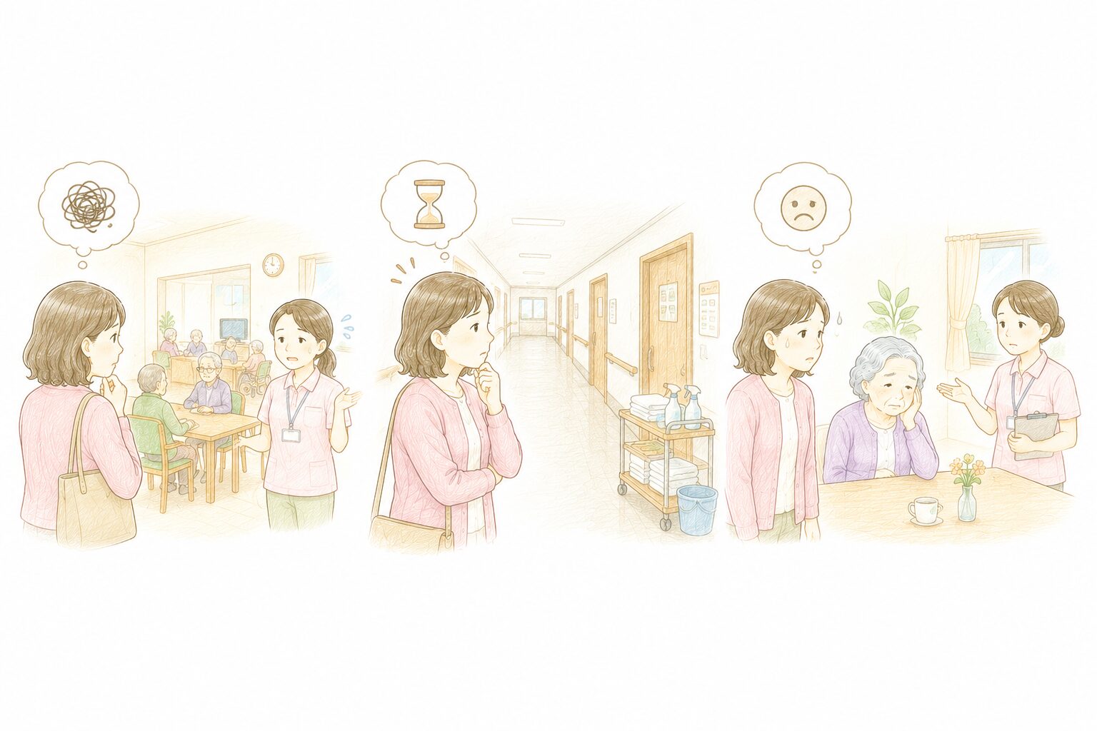 施設見学で注意したい3つのNG場面(挨拶なし・急かすケア・見せてもらえない場所)を示したインフォグラフィック