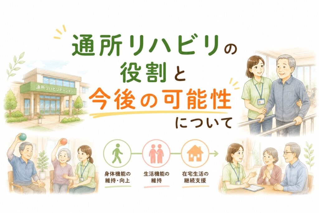 通所リハビリ（デイケア）の役割と今後の可能性を解説するイラスト