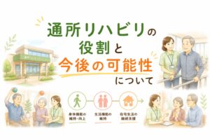 通所リハビリ（デイケア）の役割と今後の可能性を解説するイラスト