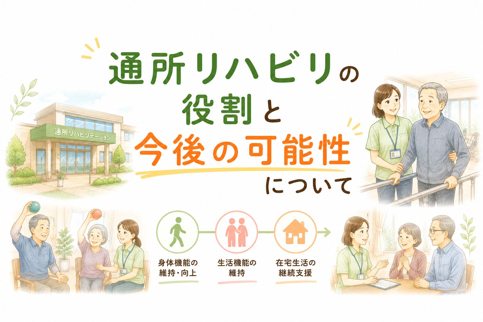 通所リハビリ（デイケア）の役割と今後の可能性を解説するイラスト