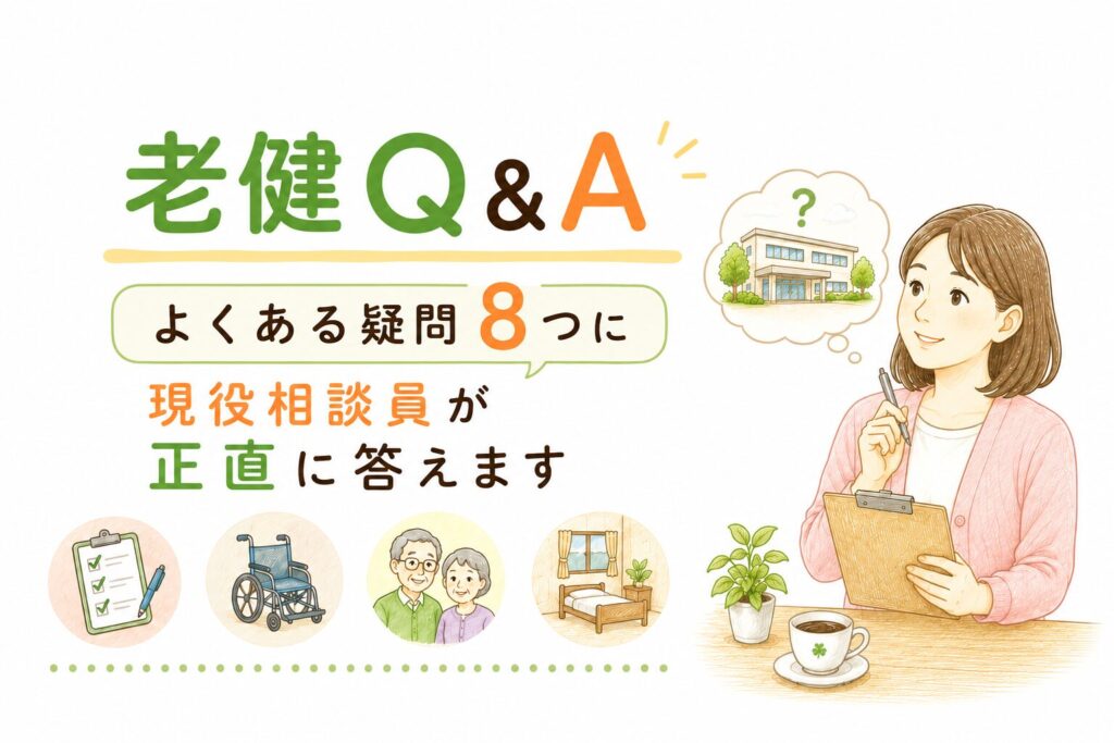 老健（老人保健施設）に関するよくある8つの疑問をQ&A形式でまとめたインフォグラフィック