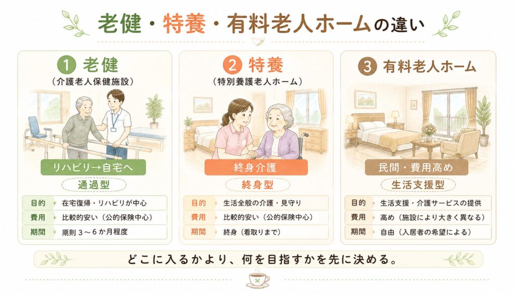 老健・特養・有料老人ホームの違いを比較したインフォグラフィック(目的・費用・期間)