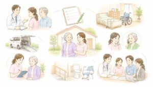 退院後の在宅介護開始までの6つのステップを示したインフォグラフィック