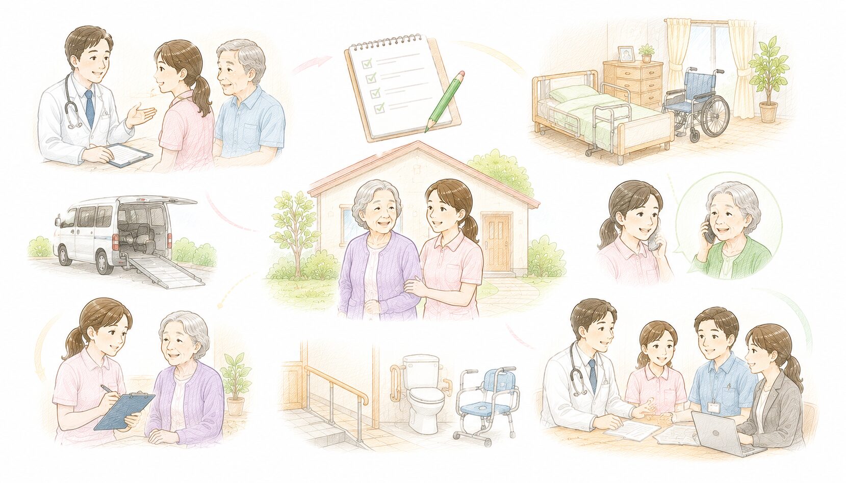 退院後の在宅介護開始までの6つのステップを示したインフォグラフィック