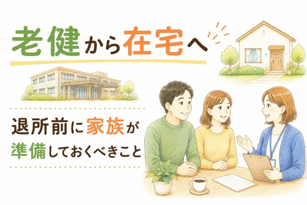 老健から在宅復帰に向けた準備（住宅改修・サービス手配・カンファレンス）の流れを示した図