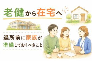 老健から在宅復帰に向けた準備(住宅改修・サービス手配・カンファレンス)の流れを示した図