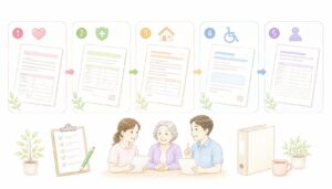 難病受給者証・身体障害者手帳など介護で見落とされがちな書類5つを示したインフォグラフィック
