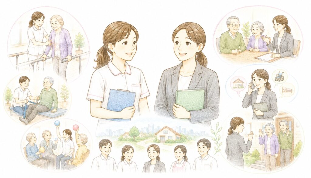 理学療法士と社会福祉士が家族と話し合っているイラスト——リハビリと生活支援の連携場面