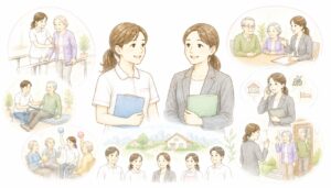 理学療法士と社会福祉士が家族と話し合っているイラスト——リハビリと生活支援の連携場面