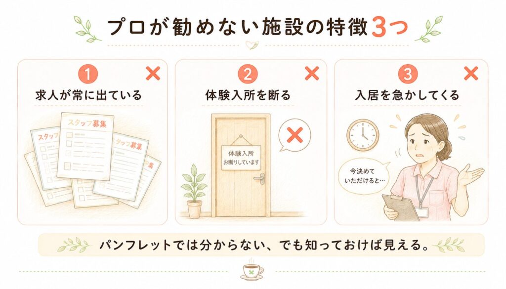 プロが勧めない施設の3つの特徴(スタッフ定着率・体験入所・急かす言葉)を示したインフォグラフィック