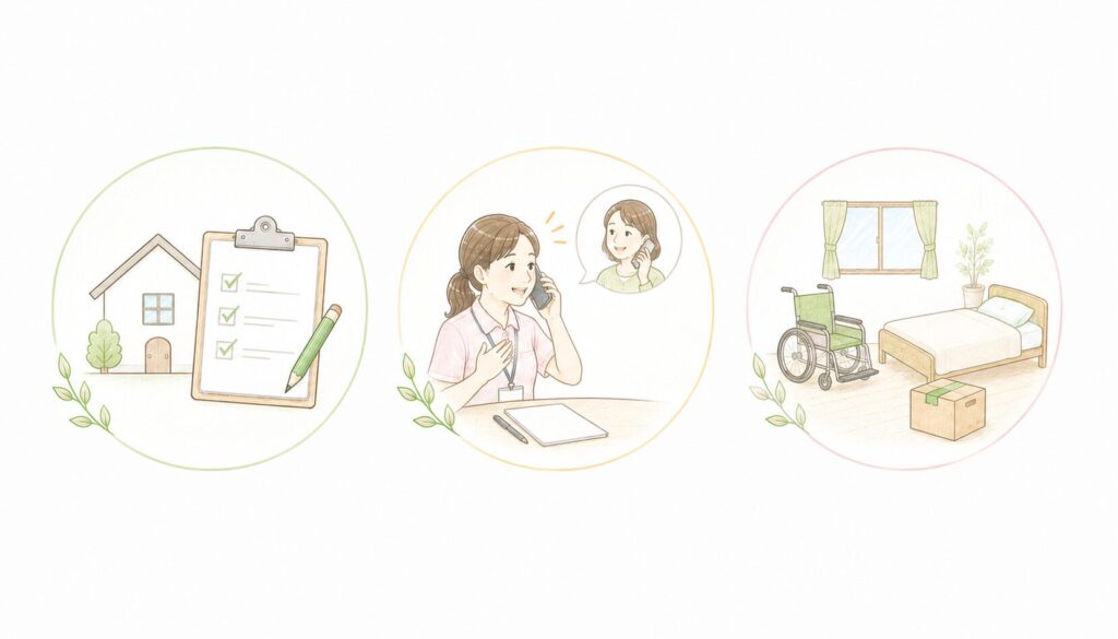 退院前に確認すべき3つのこと（介護保険・医療ケア・住環境）を示したインフォグラフィック