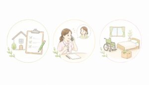 退院前に確認すべき3つのこと(介護保険・医療ケア・住環境)を示したインフォグラフィック