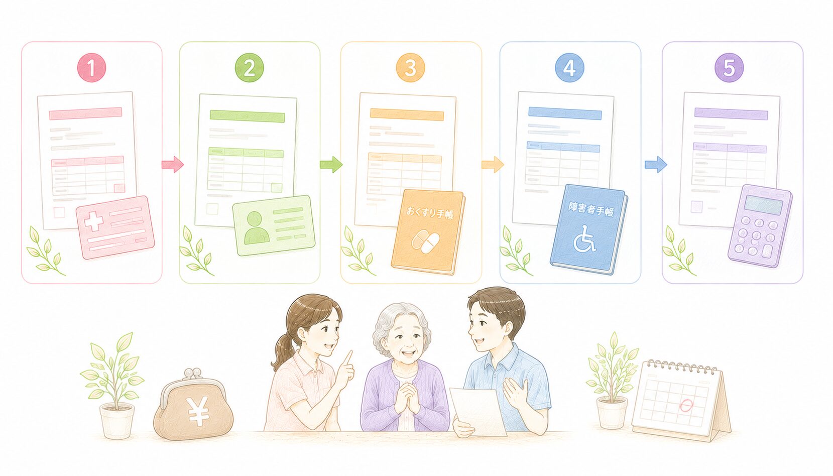難病受給者証・身体障害者手帳など介護で見落とされがちな書類5つを示したインフォグラフィック