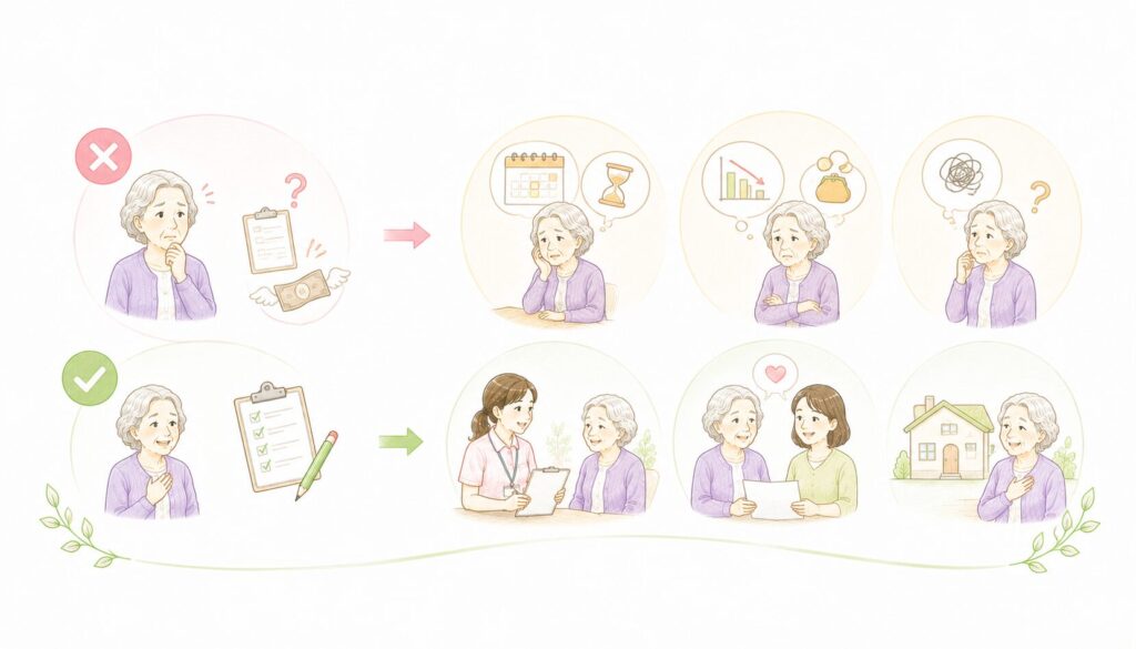 介護保険で損をしやすい3つのパターン（要介護度・タイミング・限度額）を示したインフォグラフィック
