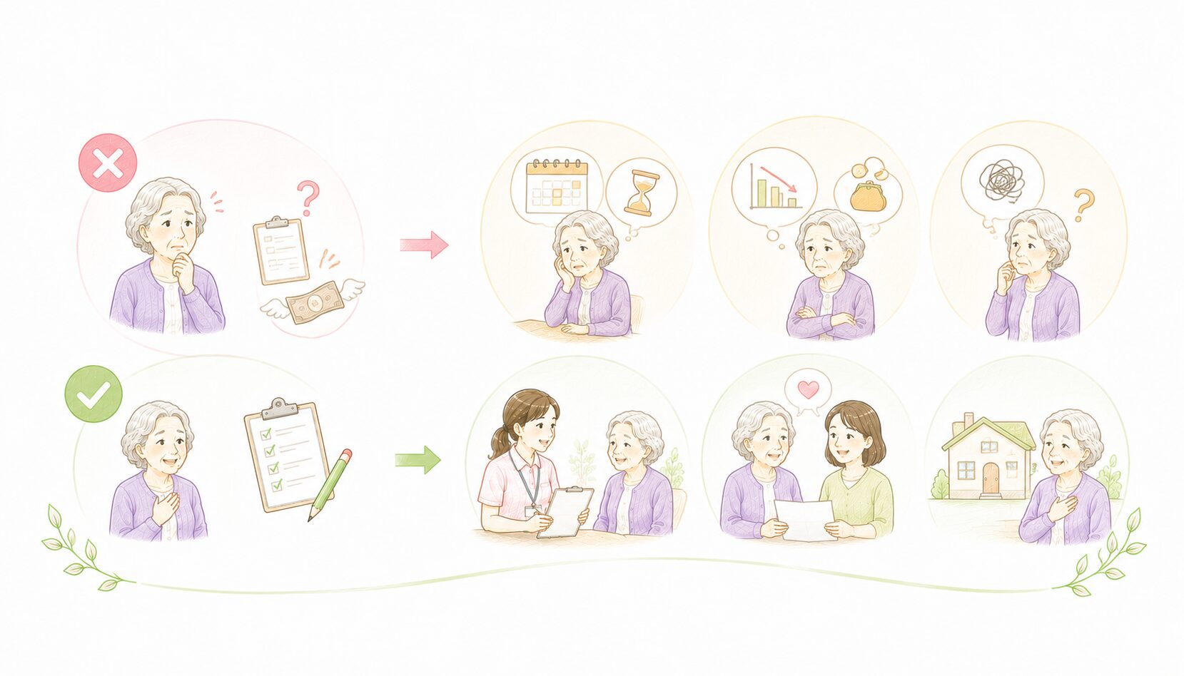 介護保険で損をしやすい3つのパターン(要介護度・タイミング・限度額)を示したインフォグラフィック