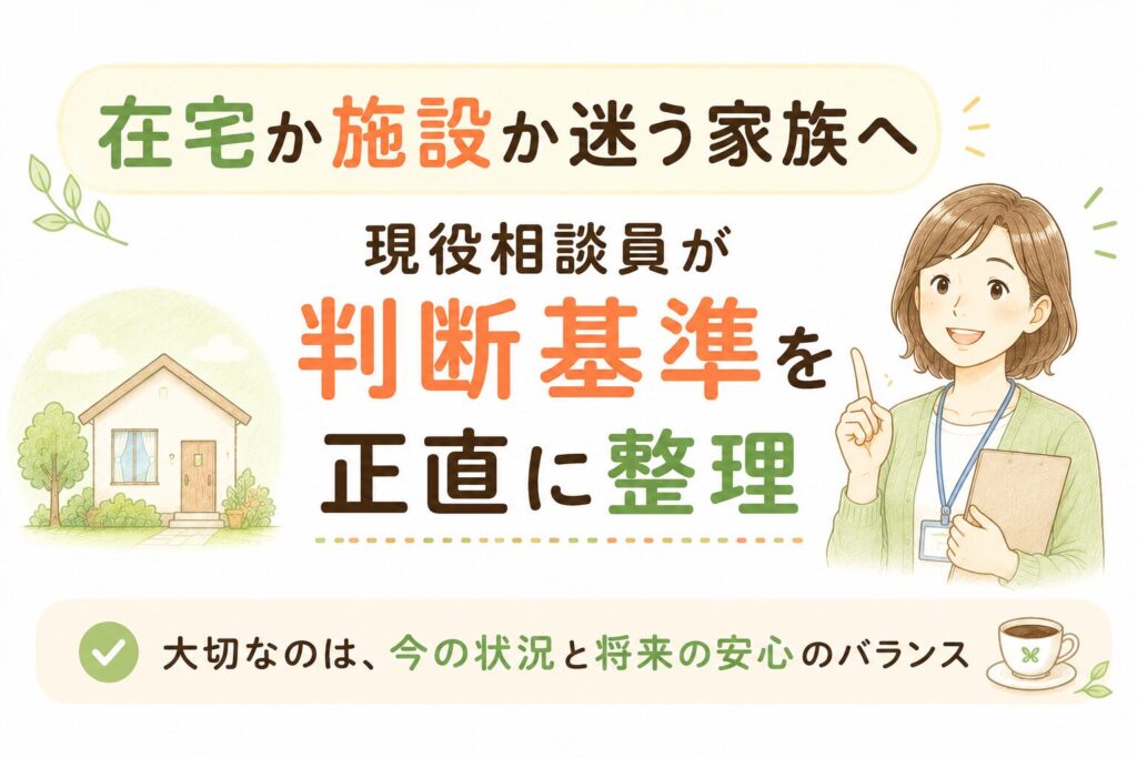 在宅介護と施設入所の判断基準（3つの条件・3つのサイン）を整理した比較図