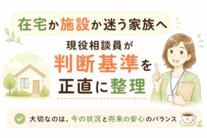 在宅介護と施設入所の判断基準(3つの条件・3つのサイン)を整理した比較図