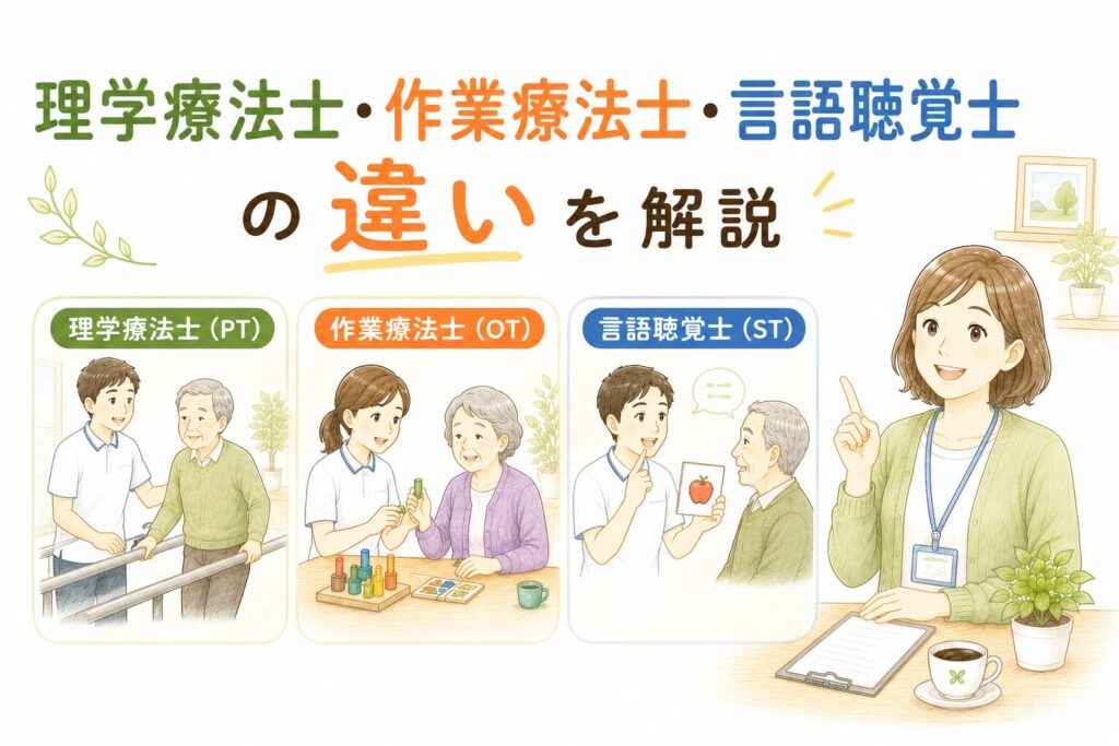 理学療法士（PT）・作業療法士（OT）・言語聴覚士（ST）の違いを解説するイラスト