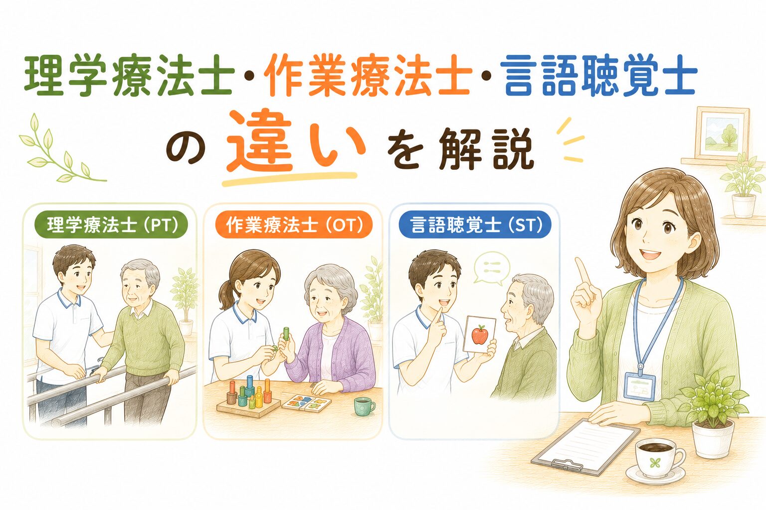 理学療法士（PT）・作業療法士（OT）・言語聴覚士（ST）の違いを解説するイラスト