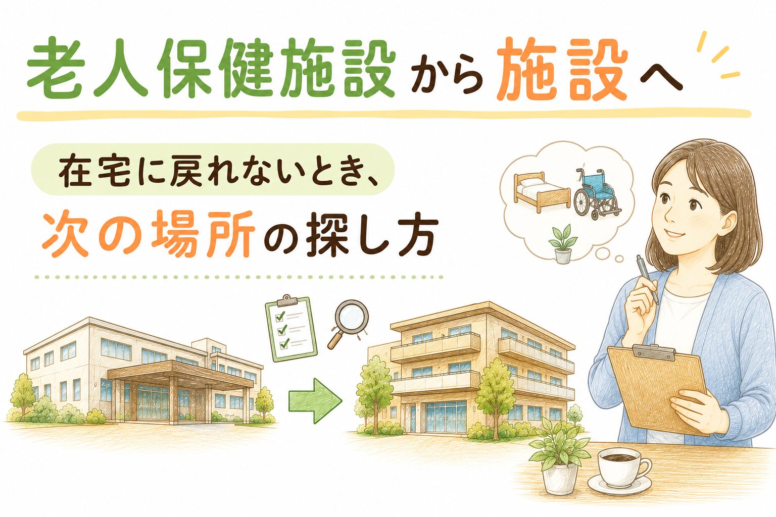 老健から次の施設(特養・有料老人ホーム)への移行の流れを示した図