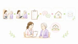 介護認定調査の当日の流れと家族の準備ポイントを示したインフォグラフィック