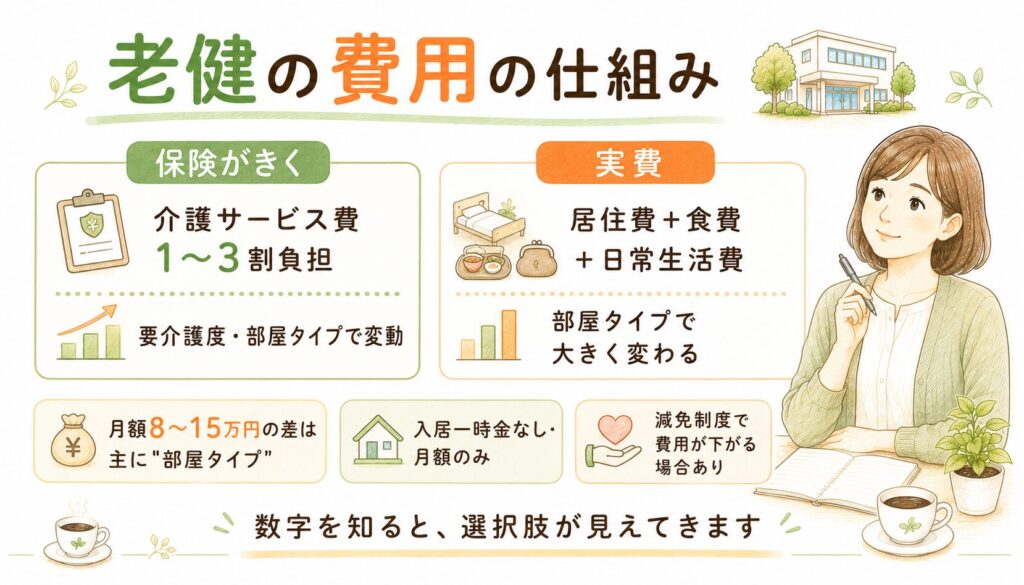 老健（介護老人保健施設）の月額費用の内訳と部屋タイプ別の比較を示したインフォグラフィック