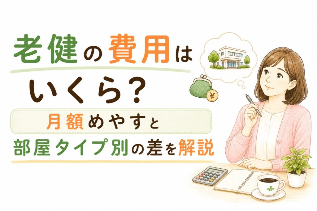 老健（介護老人保健施設）の月額費用の内訳と部屋タイプ別の比較を示したインフォグラフィック