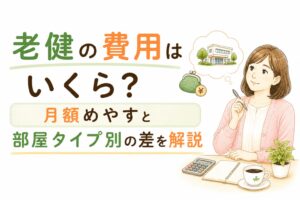 老健（介護老人保健施設）の月額費用の内訳と部屋タイプ別の比較を示したインフォグラフィック