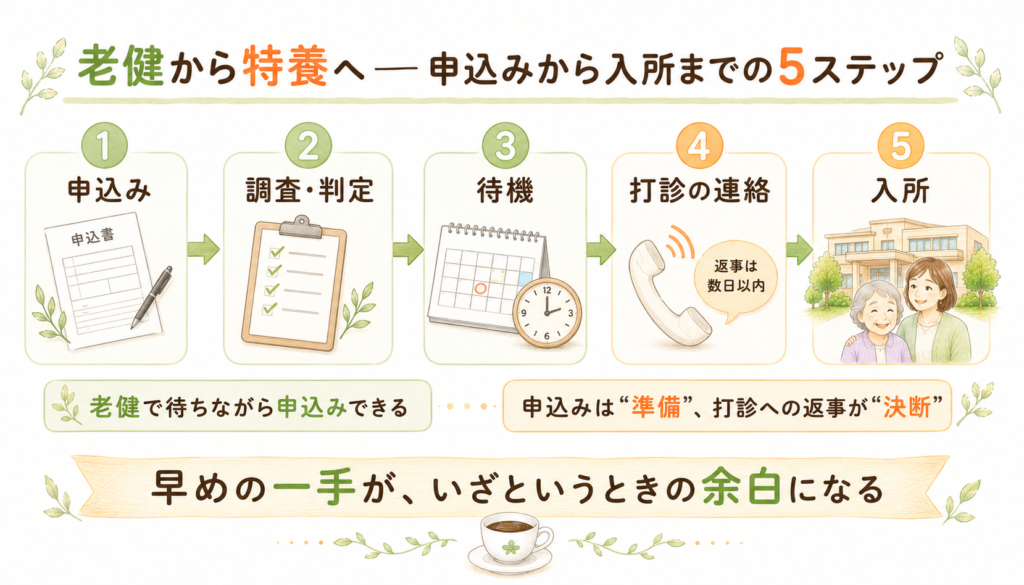 老健から特養へ移るときの申込みから入所までの5ステップを整理したインフォグラフィック
