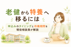 老健から特養へ移るときの申込みのタイミングと待機期間の流れを整理したインフォグラフィック