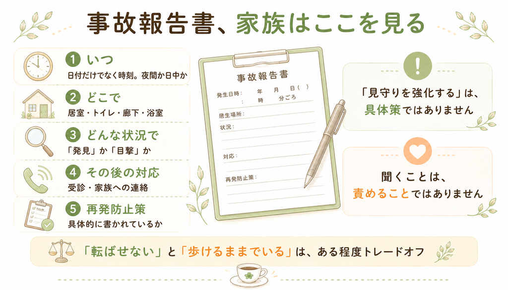 事故報告書で家族が確認したい5つの点（いつ・どこで・どんな状況で・その後の対応・再発防止策）をまとめたインフォグラフィック