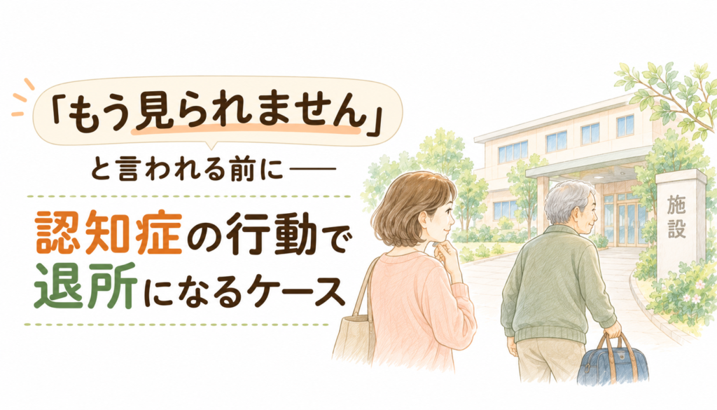 認知症の行動で老健の退所が話題になる場面と、家族が事前にできる準備を整理したイラスト