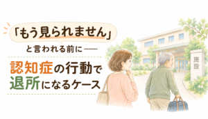 認知症の行動で老健の退所が話題になる場面と、家族が事前にできる準備を整理したイラスト