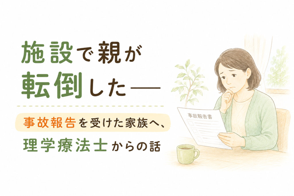 施設での転倒事故報告を受けた家族が、報告書を前に相談員と話し合っているイラスト